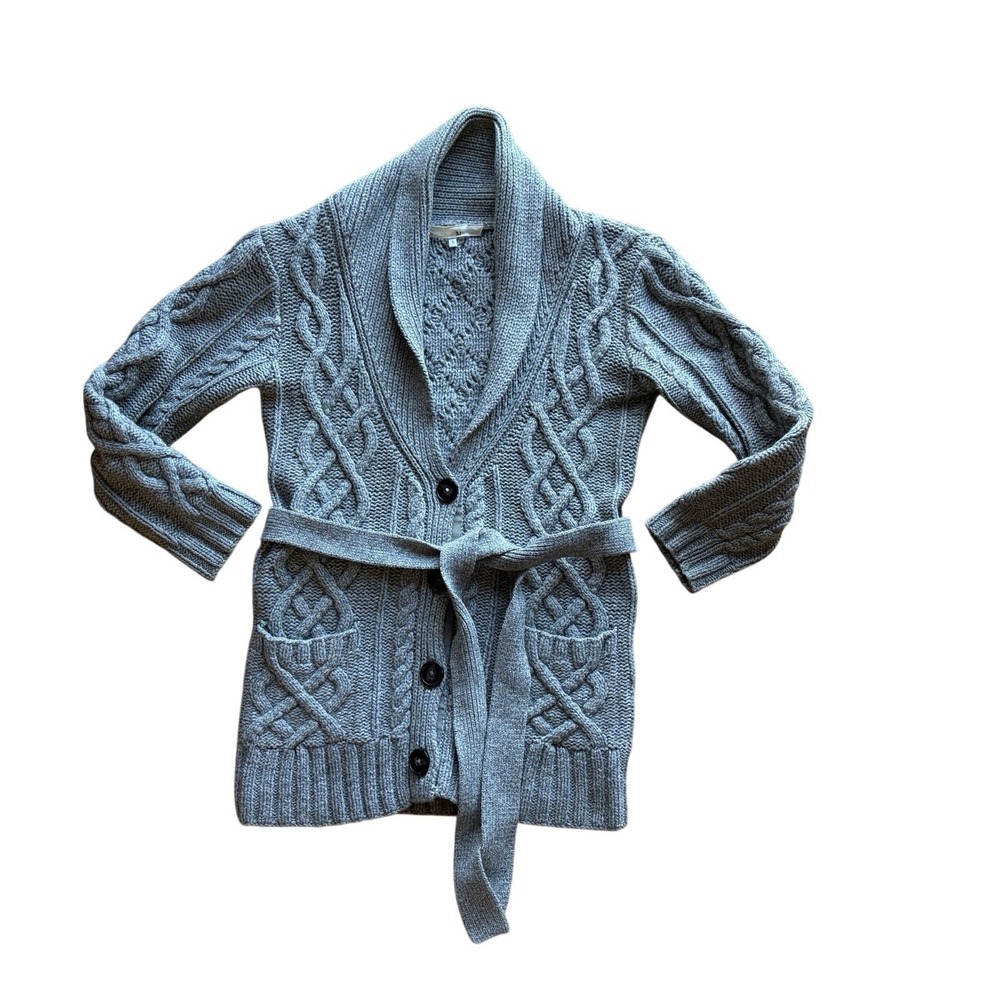3.1 Phillip Lim Gray Cotton Cashmere Cardigan Sweater S Belted Cable Knit V-Neck